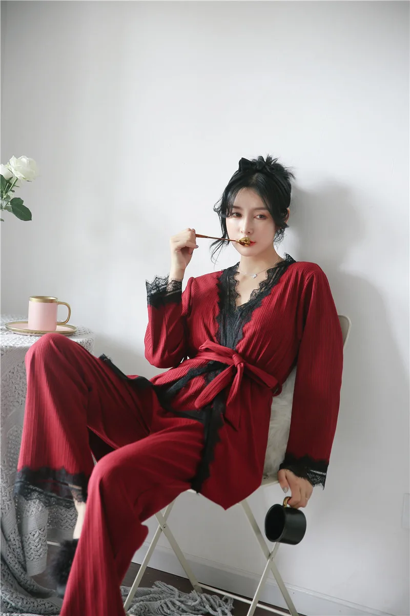 

Burgundy Lady 3PCS Pajamas Suit Sweet Bow Cotton Lace Trim Sleepwear With Belt Sexy V-neck Strap Top&Pant Lounge Home Wear