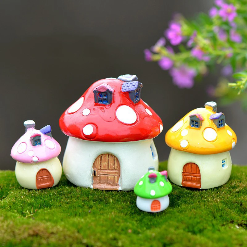 

2PCS Mushroom House Miniature Figurine Fairy Garden Decoration Figure Home Cake Ornaments Building Statue Resin Craft Toy