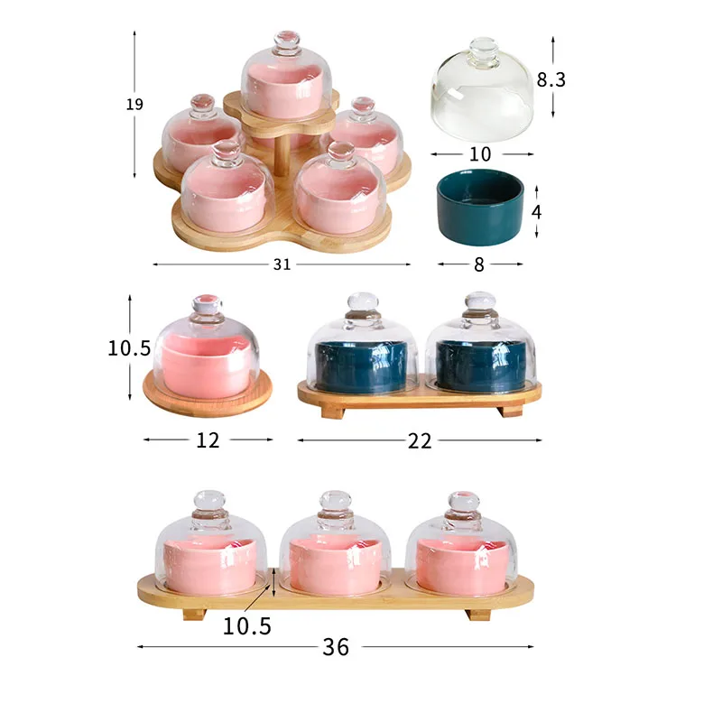 

6pcs Luxury Ceramic Cake Cup White Dessert Bowl with Glass Lid Modern Home White Fruit Baking Dessert Bowl with Bamboo Wood Tray