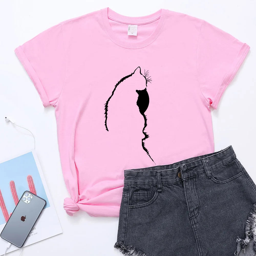 

Cute Summer Large Size Loose Solid Color Semicircle Cat Outline Print Popular Short-Sleeved Beautiful Round Neck Female T-shirt