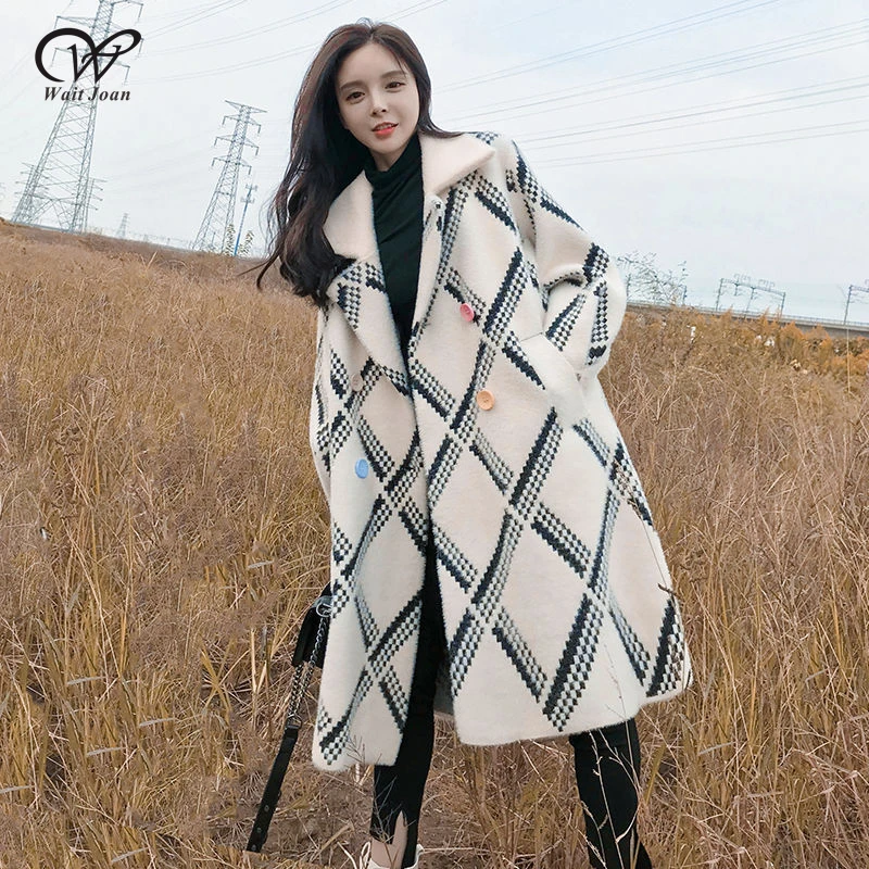 

Elegant Faux Fur Coat Women Winter Coat Women Faux Mink Fur Jacket Ladies Long Plush Coat Vintage Plaid Warm Lapel Fluffy Coat