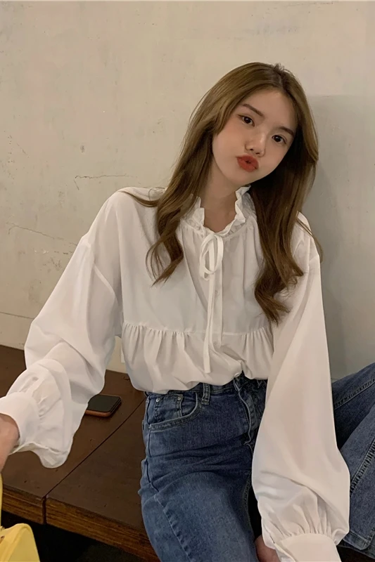 

2021 spring and summer long-sleeved shirt women's lace-up shirt loose college style top
