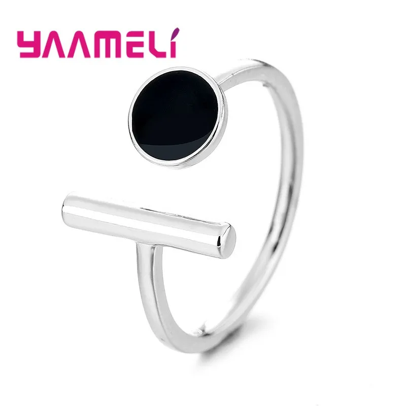 

925 Sterling Silver Opening Adjustable Finger Ring New Fashion Black Enameled Statement Punk Bague Cool Party Accessory Jewelry