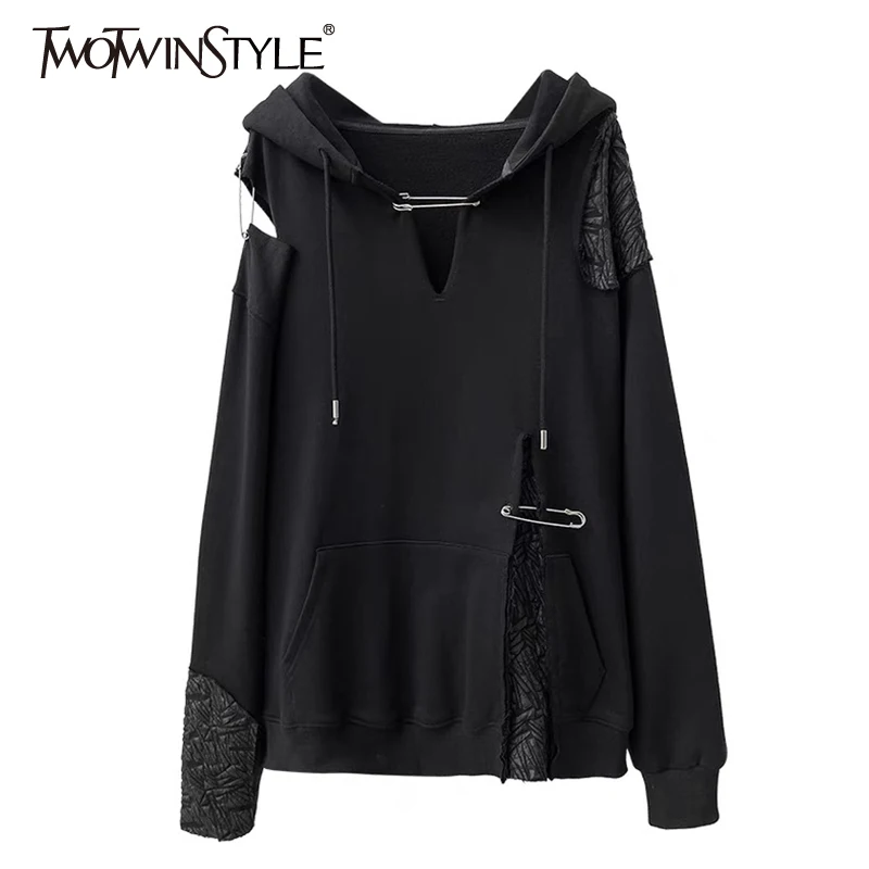 

TWOTWINSTYLE Casual Loose Patchwork Cut Out Sweatshirt Female Hooded Long Sleeve Fashion Sweatshirts For Women Autumn Style 2021