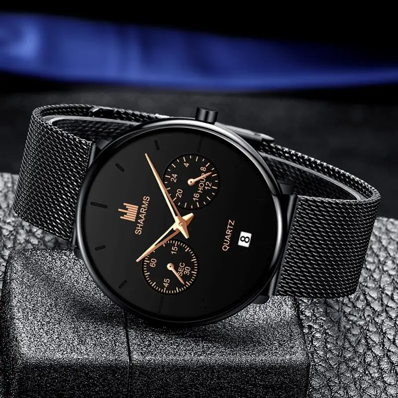 Мужские высококачественные ультра тонкие кварцевые часы из нержавеющей стали с