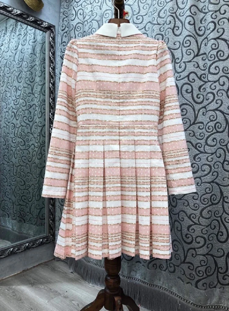 

New Korean Fashion Style Dress 2020 Autumn Winter Ladies Turn-down Collar Striped Print Long Sleeve A-Line Pleated Dress Girl