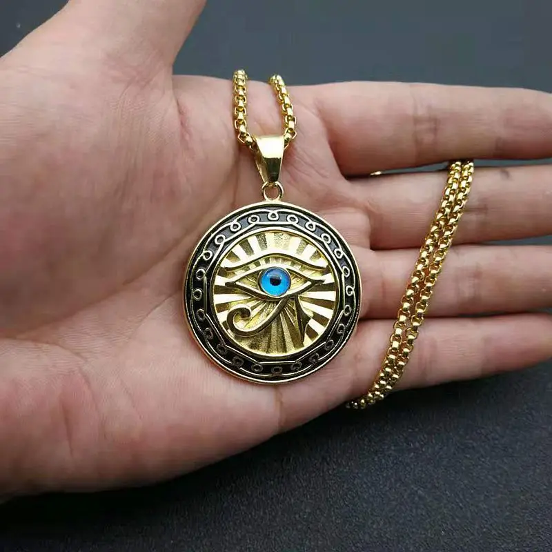 Fashion Men Gold Color Trend Necklace Horus Blue Eye Pendant Necklace Vintage Style Jewelry Gift