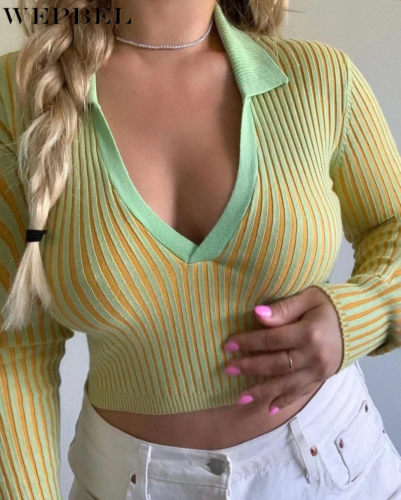 

Mandylandy Women Elegant Pullover Sweater Crop Top Lady Sexy Long Sleeve Turn Down Collar Slim Fit Short Knitwear