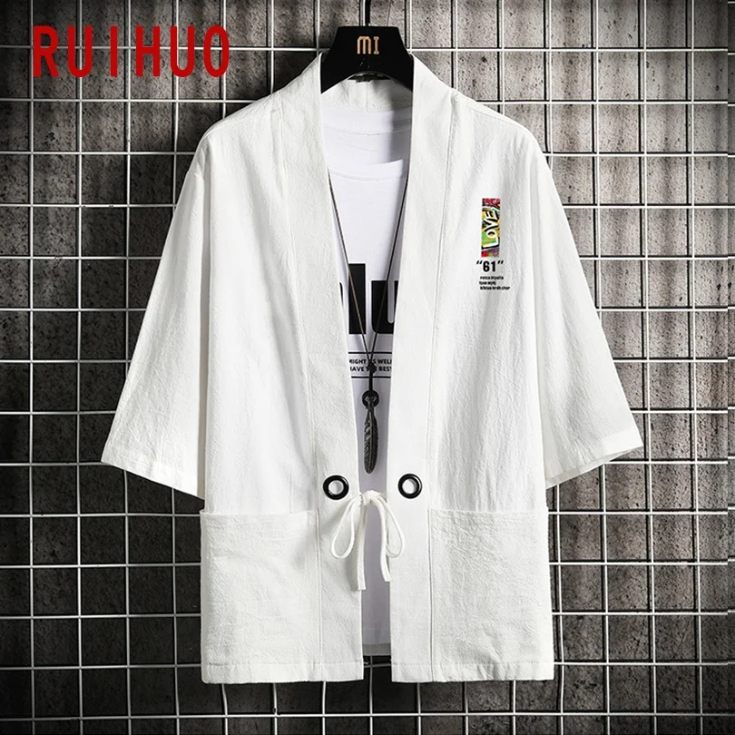 

RUIHUO Print Kimono Men Clothing 2021 Fashion Summer Harajuku Kimono Cardigan 5XL Korean Fashion Men Shirt Short Sleeve