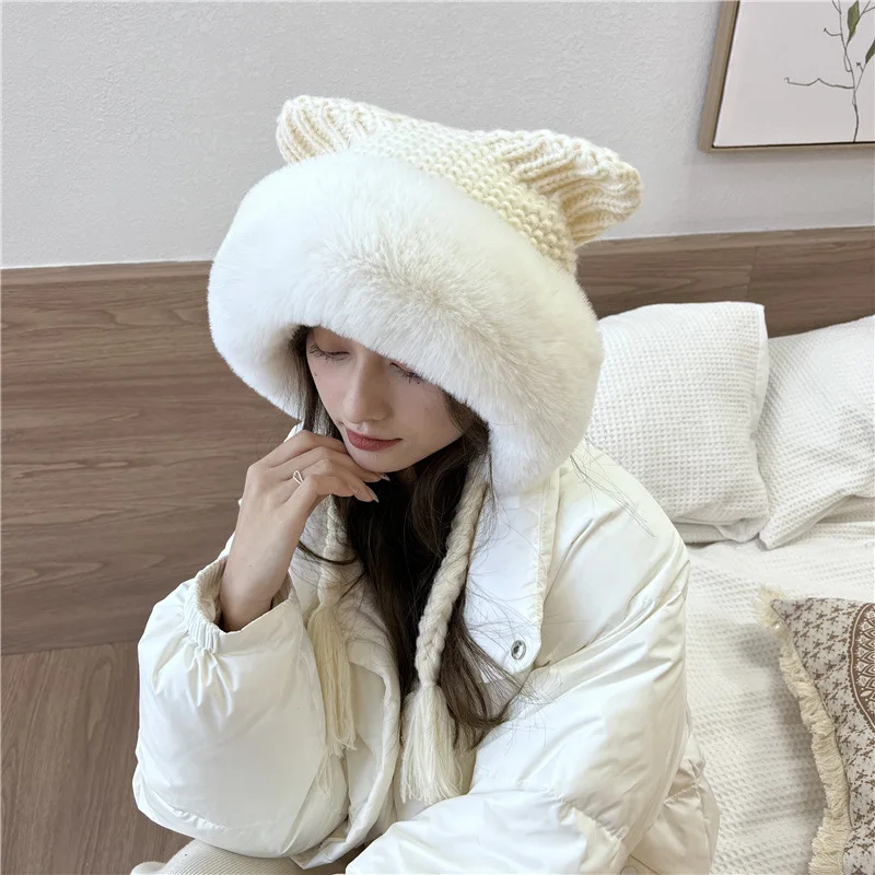 

Японская женская шапка с кошачьими ушками, зимняя вязаная плюшевая шапка с защитой ушей, милая однотонная шерстяная шапка