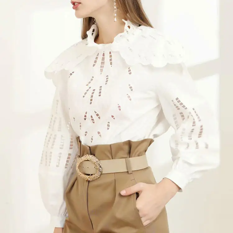 

High Quality Designer Blouses 2020 Spring Tops Shirt Women Ruffled Collar Hollow Out Embroidery Long Sleeve Black White Shirts