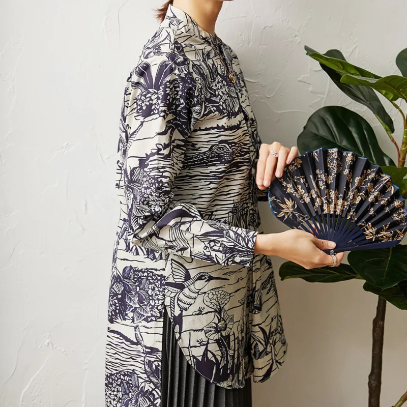 New Retro printed shirts in long cotton long sleeve blouse female in the spring of 2020   long shirts