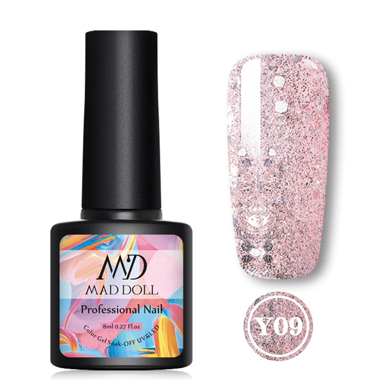 Y09 MAD DOLL, 8 мл, блестящий гель, матовый лак для ногтей, розовое золото, блестящий лак, замочить от УФ-ногтей, Гель-лак - Цвет: Y09