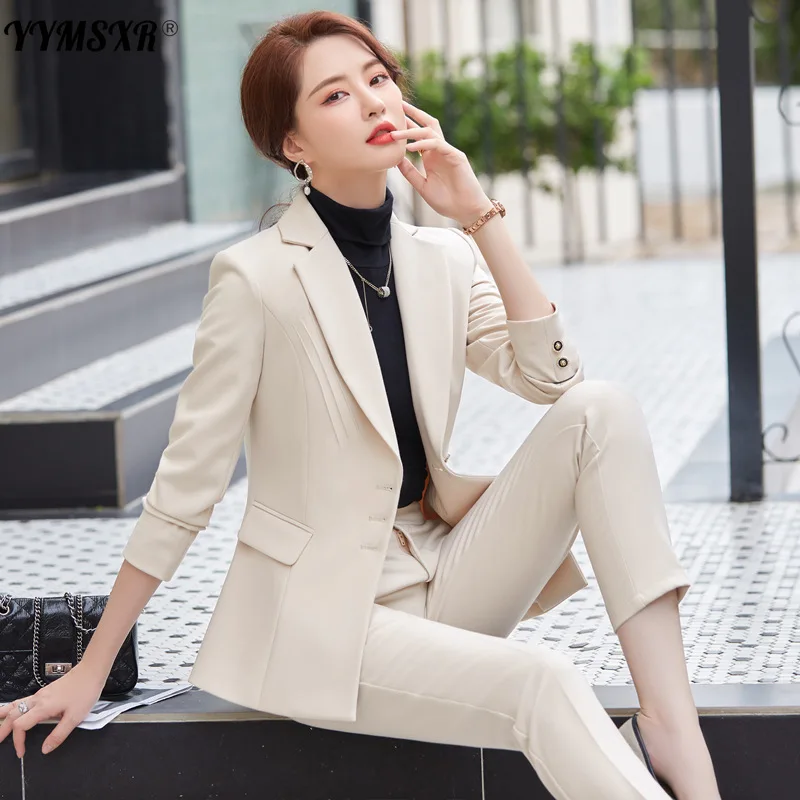 

Apricot High-end Professional Wear Temperament 2022 New Autumn and Winter Long-sleeved Ladies Jacket Office Trousers 2-piece Set