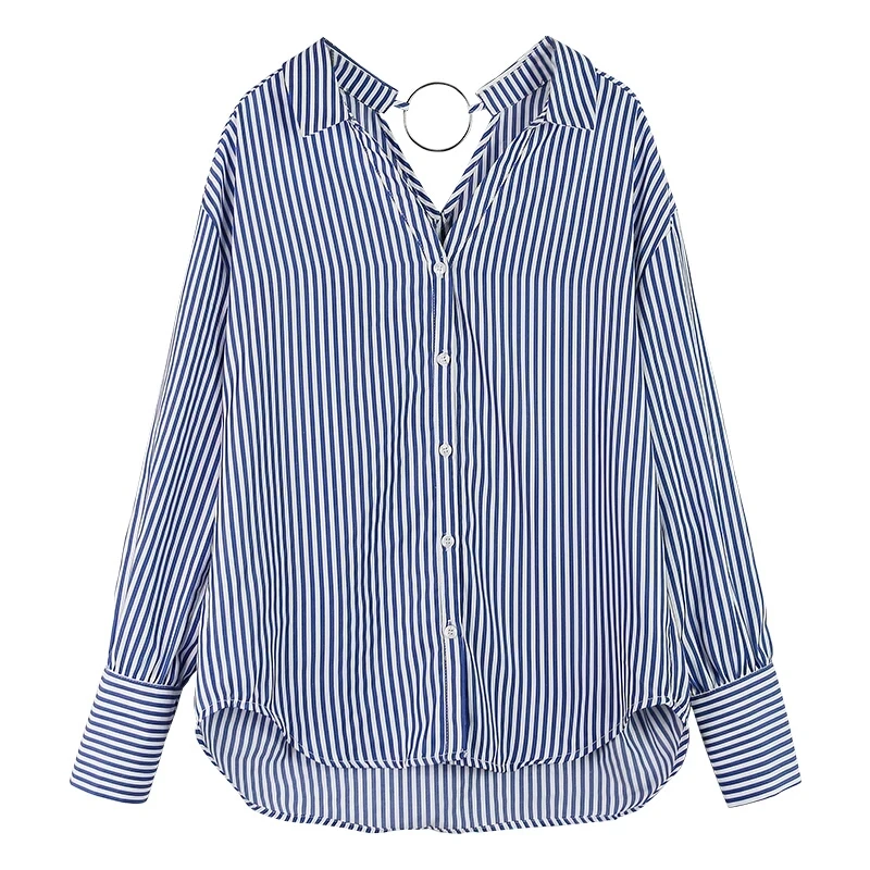 

Houthion New Stripe Women's Blouses Summer Fashion Casual Korean Long Sleeve Top Retro Blouse Breasted Woman Shirt