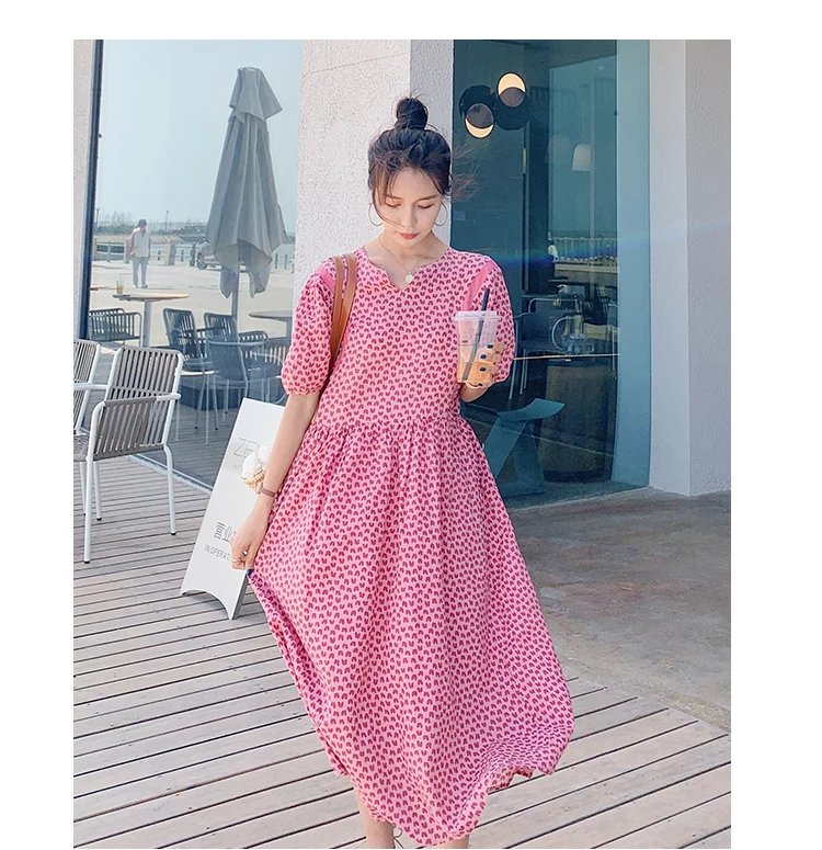 

Woman Dress Puff Short Sleeve Big Swing Print Loose Casual Elegant Vintage Women Long Dresses 2021 Summer