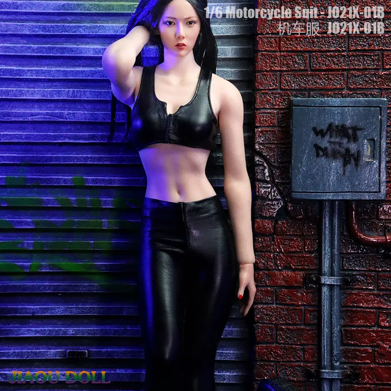 

JO21X-01 1/6 Female Motorcycle Clothing Leather Suit Vest Trousers Set Fit 12'' PH TBL female Action Figure Body instock