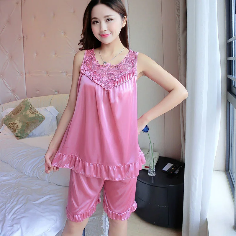 

Embroidery Ice Silk Satin Pajamas for Women Sexy Pajamas Set with Shorts Plus Size Satin Sleepwear Female #30