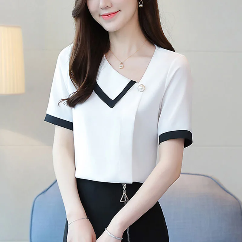 Блузка женская шифоновая с коротким рукавом белая офисная рубашка квадратным