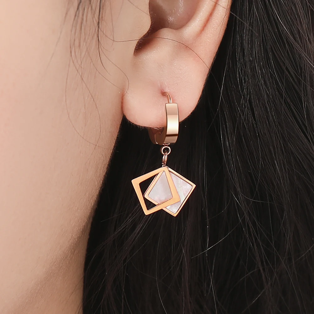 

Ant Angel Double Layer Square Shell Earring for Women Rose Gold Plated Titanium Stainless Steel Drop Earrings Wedding Jewellery