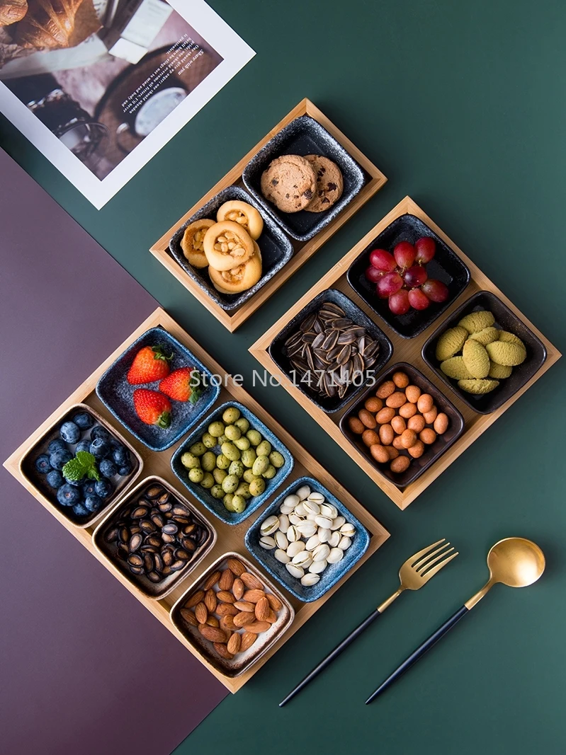 

Japanese Fruit Plate Ceramic Grid Plate Household Dried Fruit Plate Living Room Plate Creative Melon Seed Candy Box Snack Plate