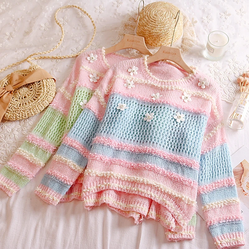 Осенний японский сладкий Junior's короткий свитер милый 3D Цветочный пэчворк