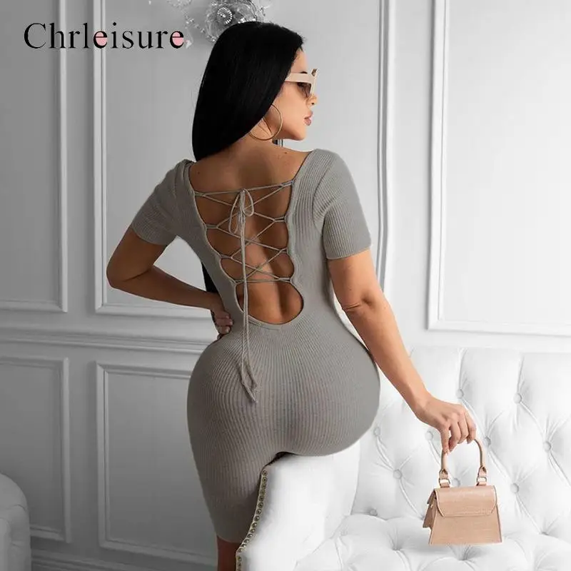 Summer Bodycon playsuit Women Backless Lace Up Sexy Rompers Short Sleeve Push Streetwear Solid Ribbed Jumpsuit |