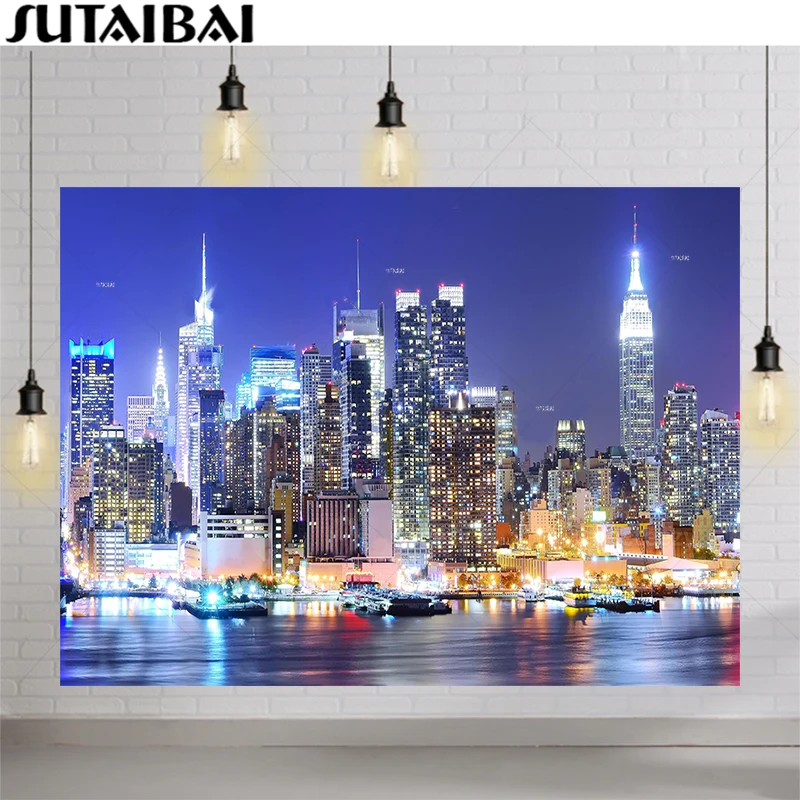 

New York City Manhattan Night Scene Skyscraper City Building Urban Light Photography Backdrop Vinyl Photo Background Studio Prop