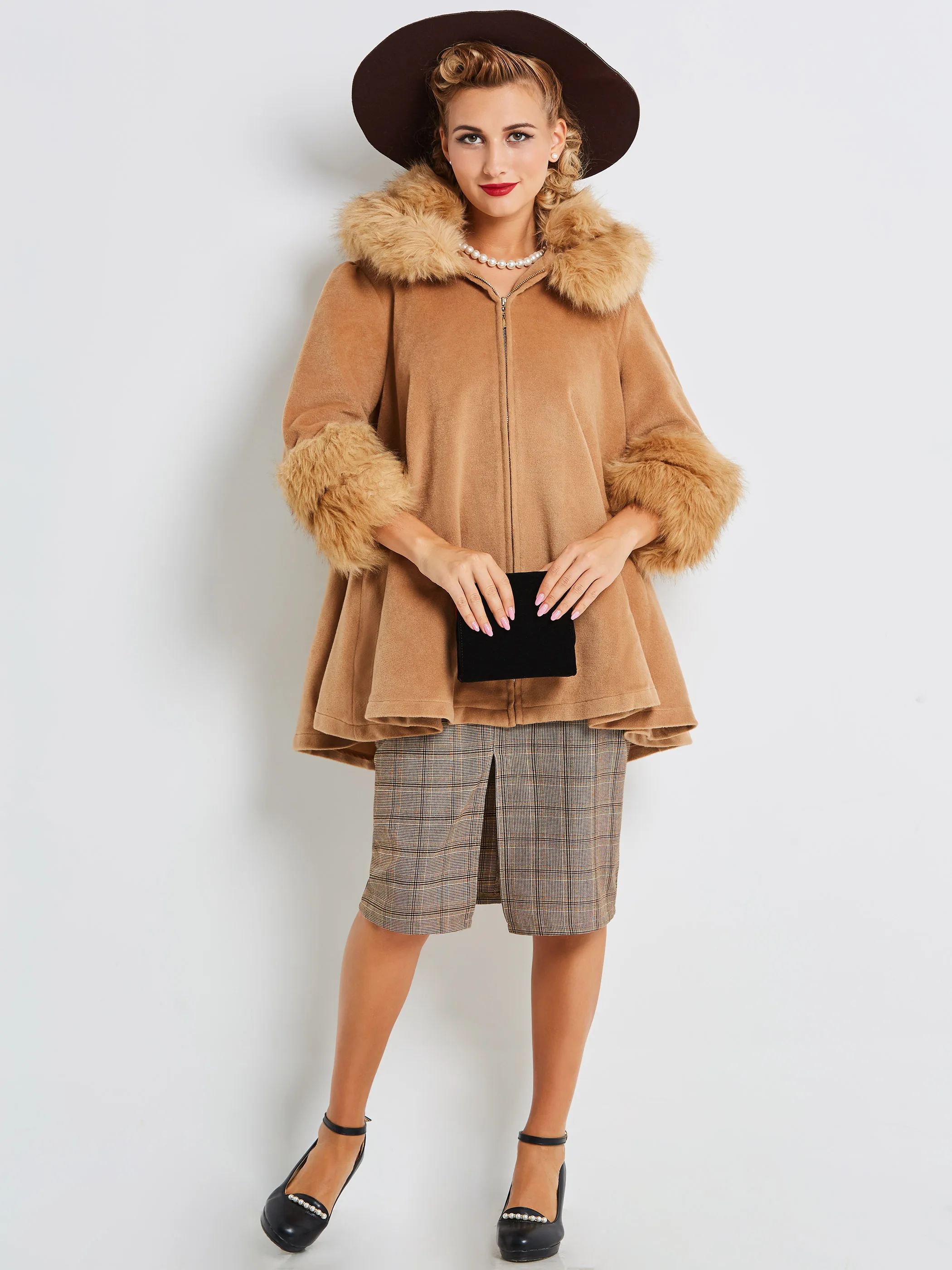 Женское шерстяное пальто винтажное роскошное с воротником из искусственного