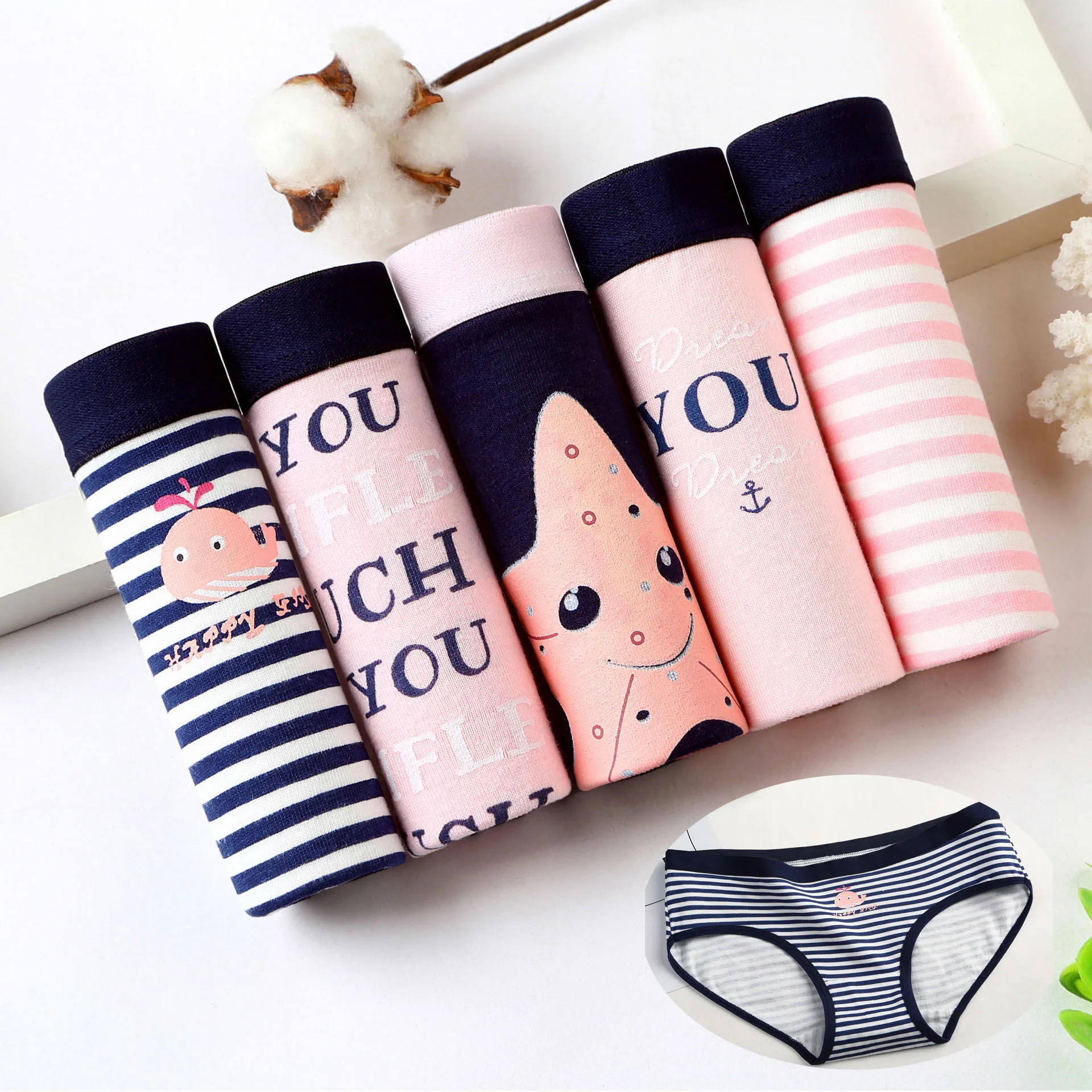 5pcs hai xing 5 шт./лот, новинка, трусики, женское нижнее белье, хлопковые трусы, бесшовные, Cueca Calcinhas, шорты с принтом, трусы для девочек, милые трусики-стринги - Цвет: 5pcs hai xing
