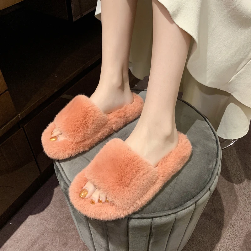 Домашние тапочки из искусственного меха пушистая женская обувь сланцы