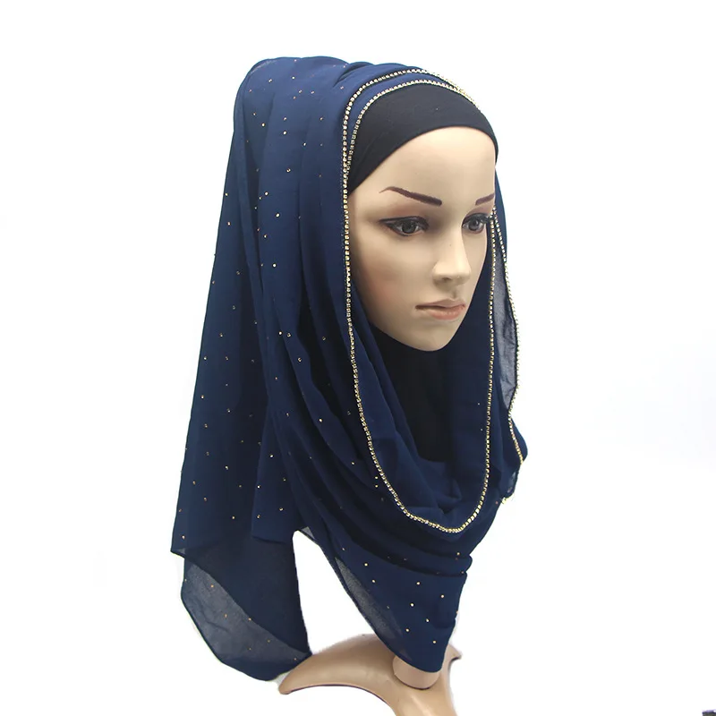 Женский длинный шифоновый шарф Мусульманский женский хиджаб с бриллиантами