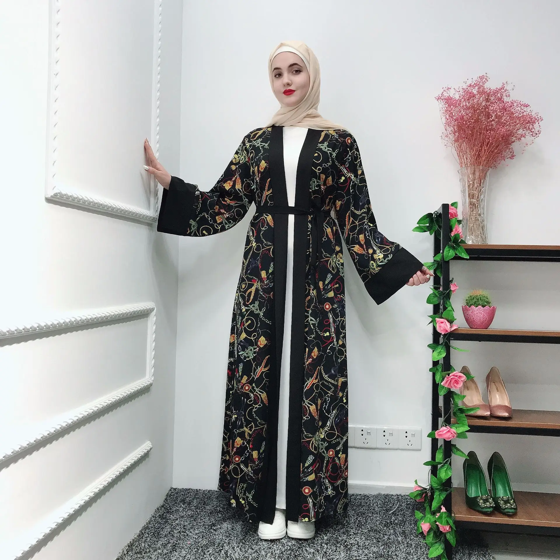 Элегантное мусульманское Открытое платье абайя Женская печать на шнуровке Дубай