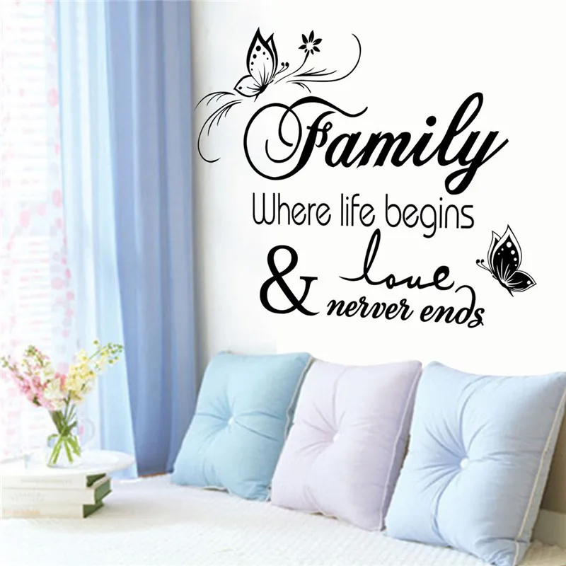 Элегантная буква Семья где жизнь начинается теплый стены Стикеры s Спальня