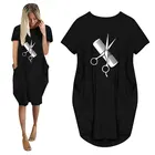 Женское длинное платье-рубашка, с принтом ножниц и расчесок, с карманом