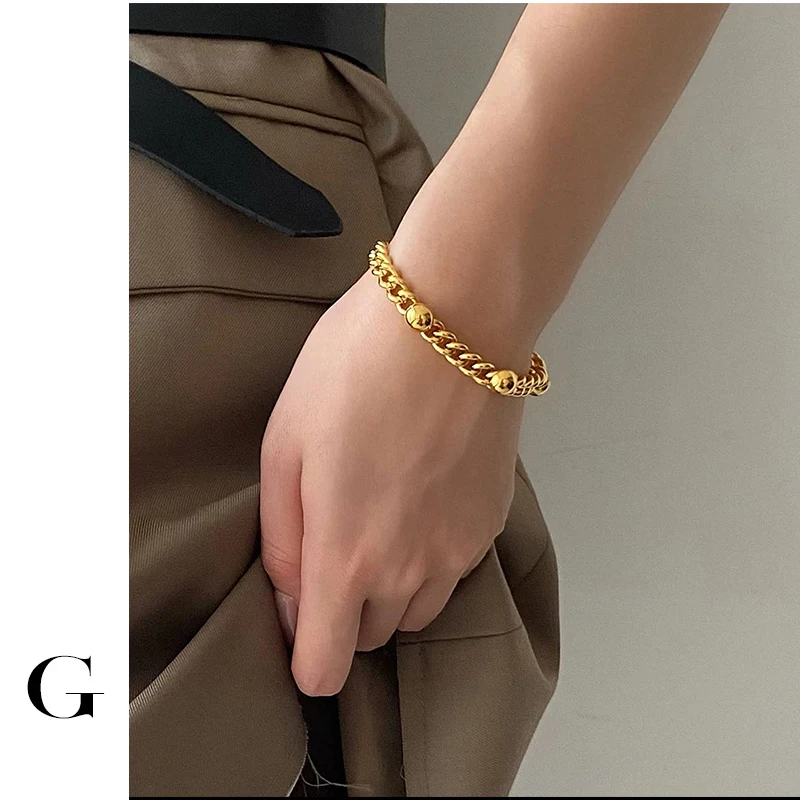 

GHIDBK Vintage New Design Titanium Steel Non Tarnish Bracelets For Women Street Style Half Sphere Linked Chain Bracelet Jewelry