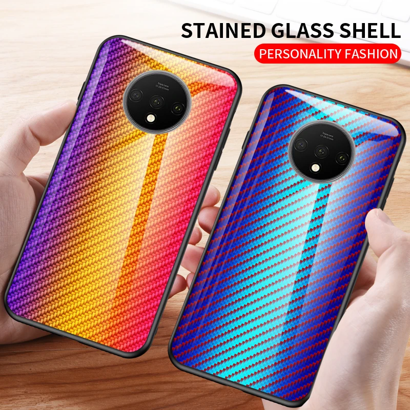KEYSION Tempered Glass Case for Oneplus 7T Pro Carbon fiber Silicone Phone Back Cover 7 6 6T 1+7t 7TPro |