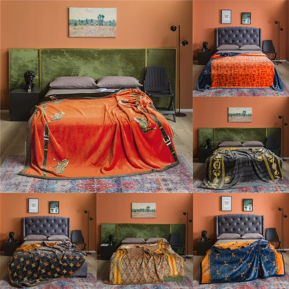 Manta estampada de franela de lujo, manta gruesa y pesada de dise&ntilde;ador famoso, suave y c&aacute;lida, para invierno, de alta calidad para camas-0