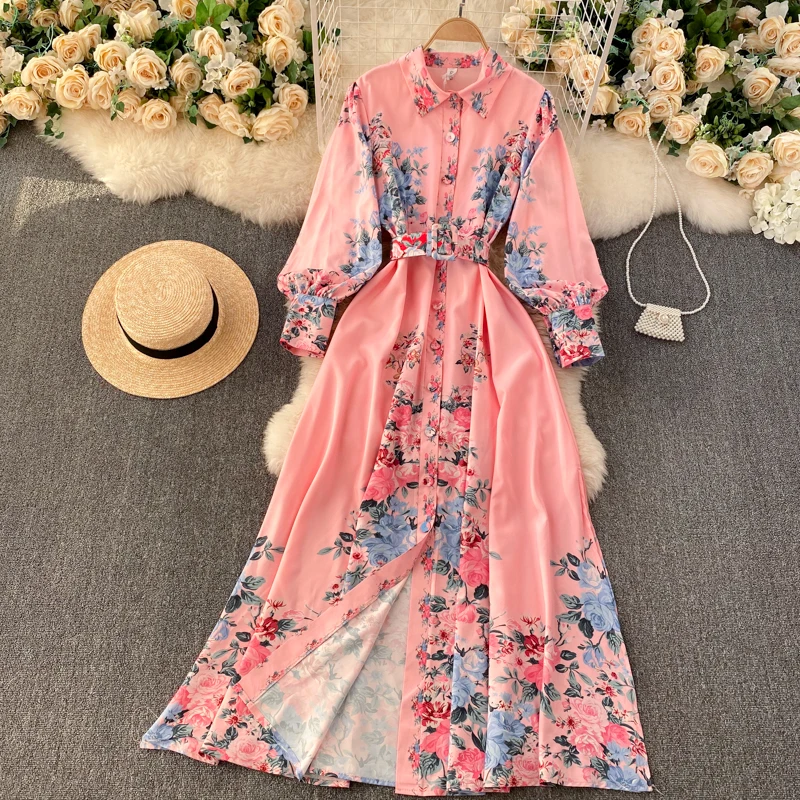 

New Spring Autumn Women Long Sleeve Slim Long Dress High Quality Designer Flowers Print Runway Vintage Dress Send The Belt