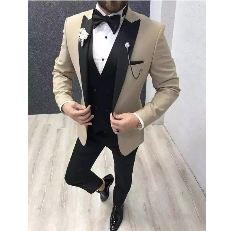 

Beige Slim Fit Men Suits For Wedding Black Peaked Lapel Groom Tuxedo Formal Male Fashion Jacket with Black Pants Vest