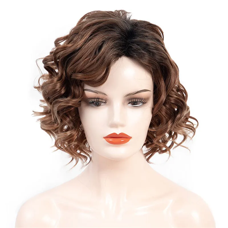 

Women Short Brown Curly Wavy Synthetic Wig Heat Resistant Fiber Wig With Side Part Bang For Women Daily Party Use Nature Looking