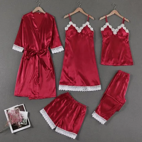 Атласный Женский домашний халат сексуальный кружевной Пижамный костюм