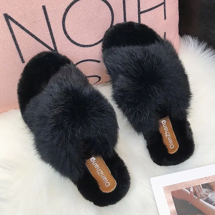 

Natural rabbit velvet winter warm fur slippers ladies home shoes indoor slippers 2021 luxury wool slippers ladies casual slipper