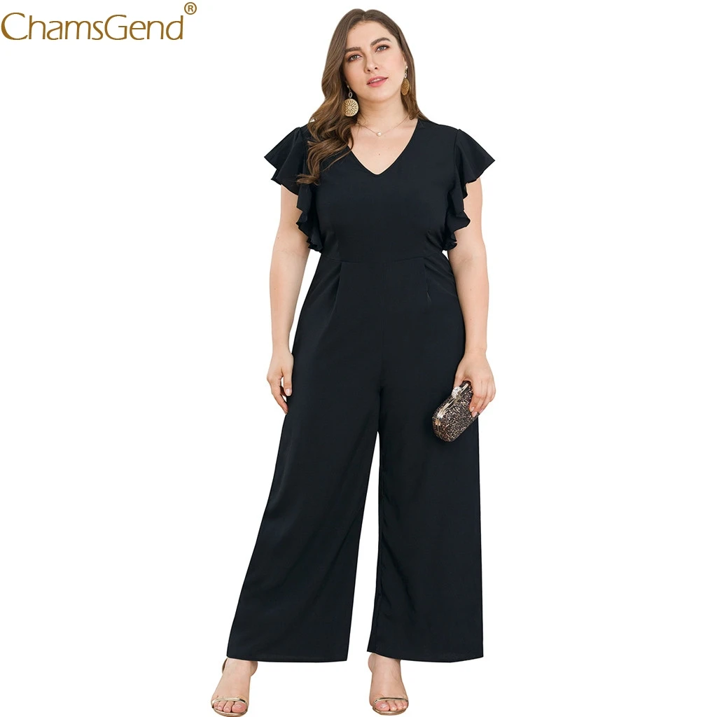 Женский комбинезон с короткими рукавами и v образным вырезом размера плюс черные