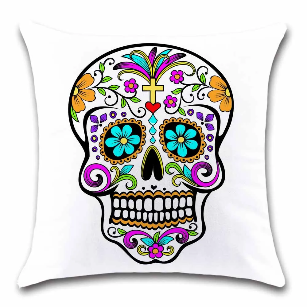 Чехол для подушки с изображением красочного черепа Дня мертвых белых