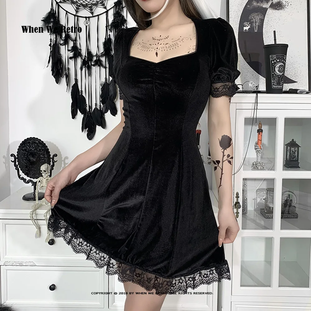 

Vintage Lace Black Dress Goth Sexy High Waist Mini Dress Aesthetic Elegant Short Sleeve A Line Dress Party Club Wear VD2152