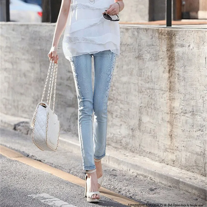 Ladies rhinestone Diamond denim jeans Patns Ripped Women's Vintage long trousers light blue Skinny Stretchy Pencil Pants | Женская