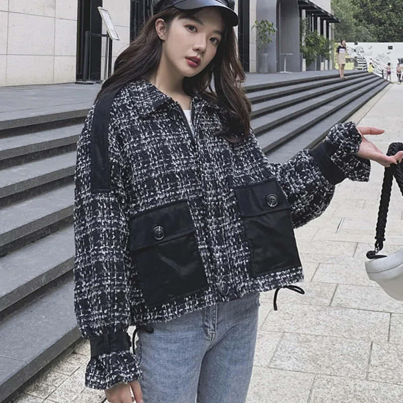 

Fashion Tide Autumn And Winter New Fashion Lapel Colorblock Double Pocket Plaid Loose Tweed Woolen Coat Female PB753