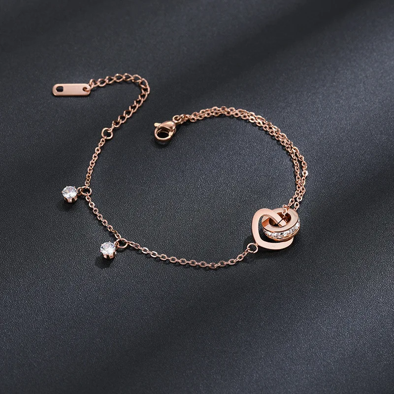 

CZ Crystal Round Heart Double Bracelets For Women Bracelets Girls Rose Gold Charm Chain Beach Anklet Bracelet Jewelry Gift