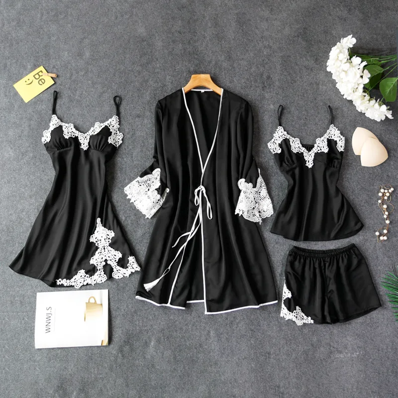 Сексуальные женские пижамы из четырех частей топ на бретелях штаны комплекты